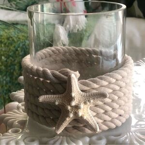 New! Nautical Bleached White Rope Starfish Glass Hurricane